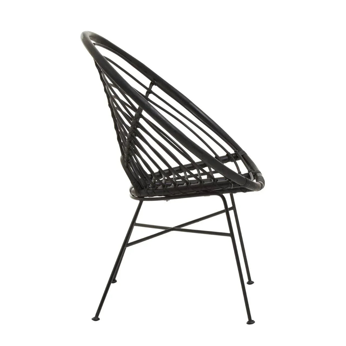 Black rattan accent chair with metal legs and open backrest, side view on white background