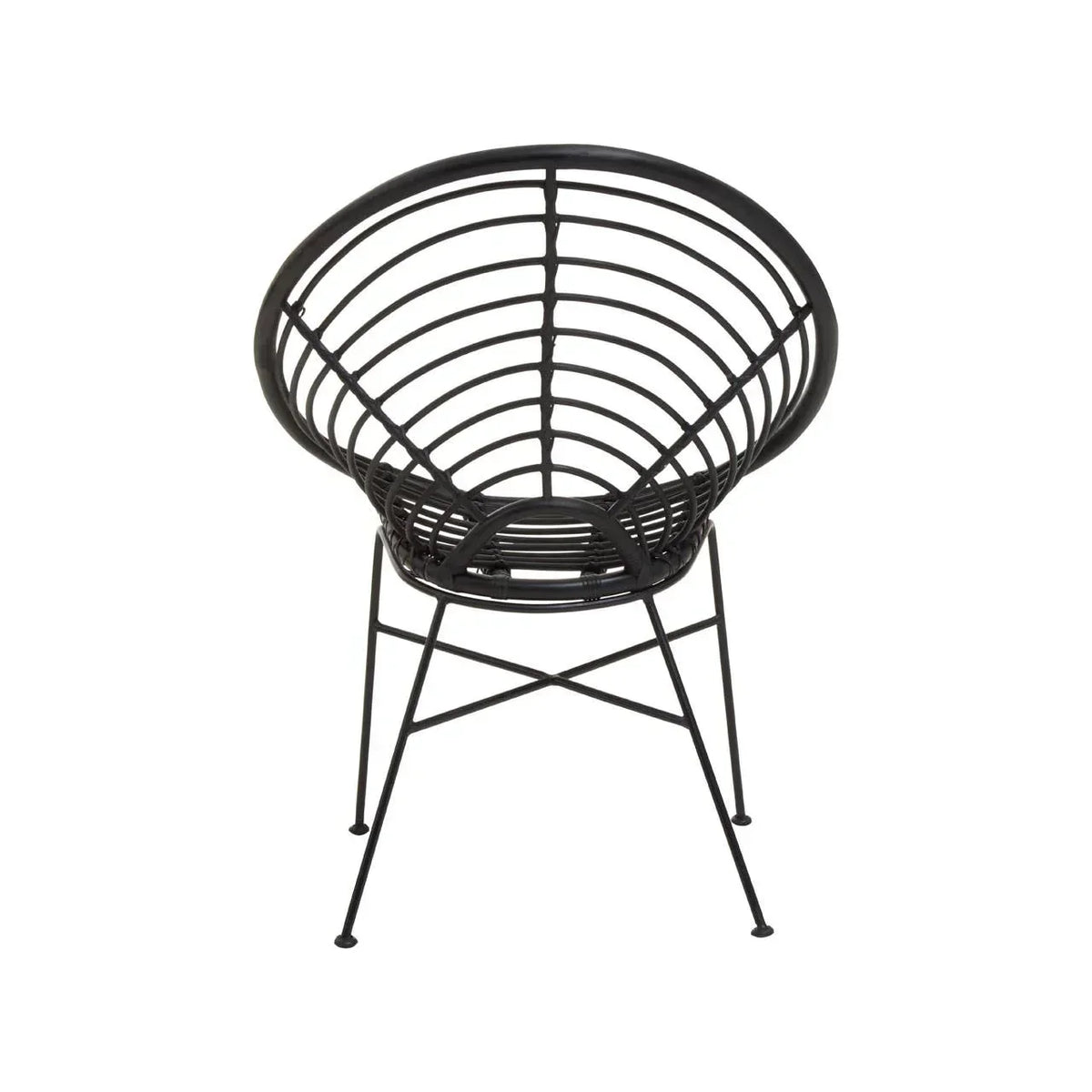 Black metal accent chair with round openwork seat and back, front view