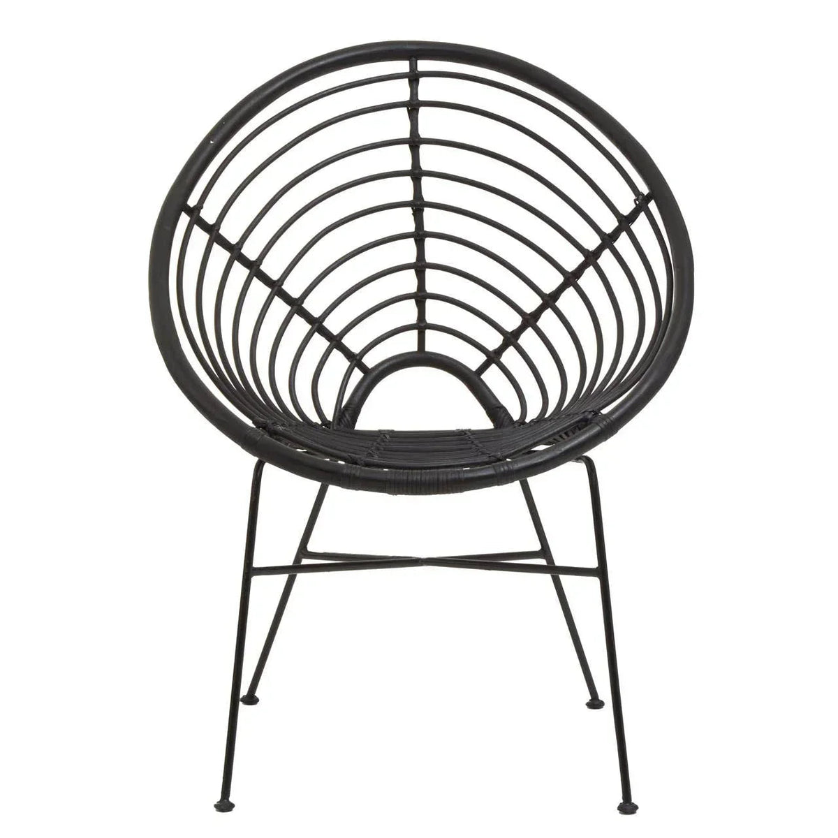 Round black rattan-style chair with sunburst weave back and slim metal legs