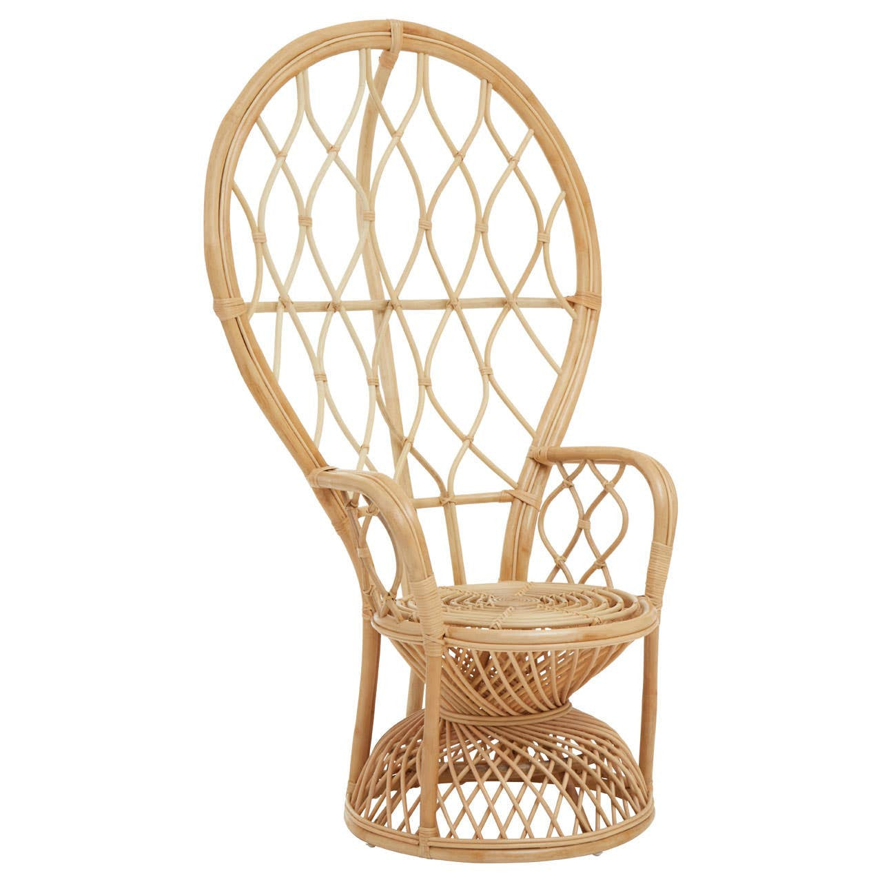 Curved chair made from natural rattan, featuring an intricate woven design and a round seat. The chair has a high backrest that tapers towards the top, creating an elegant silhouette. The base is sturdy with a circular support structure, showcasing the chair's craftsmanship and natural finish