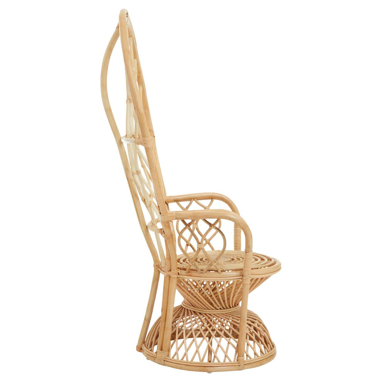 Curved chair made from natural rattan, featuring a high backrest and intricate woven design, with a rounded seat and sturdy base, showcasing a light brown finish