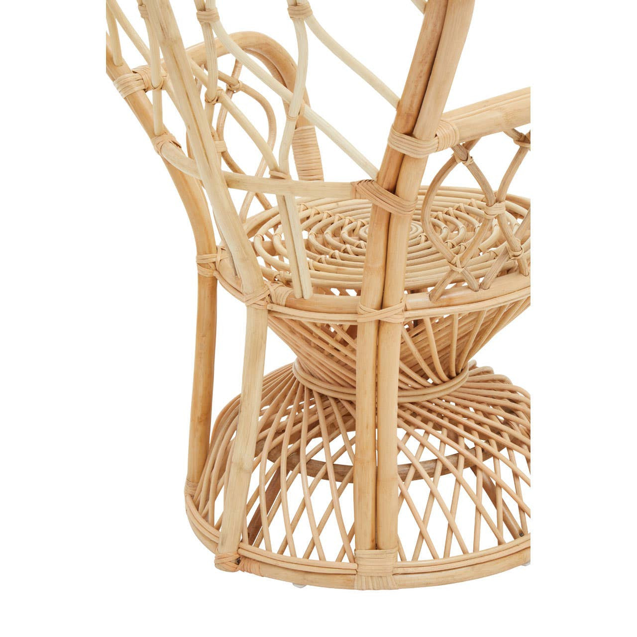 Curved chair made from natural rattan, featuring a woven seat and backrest with a circular base, showcasing intricate patterns and a light, airy design
