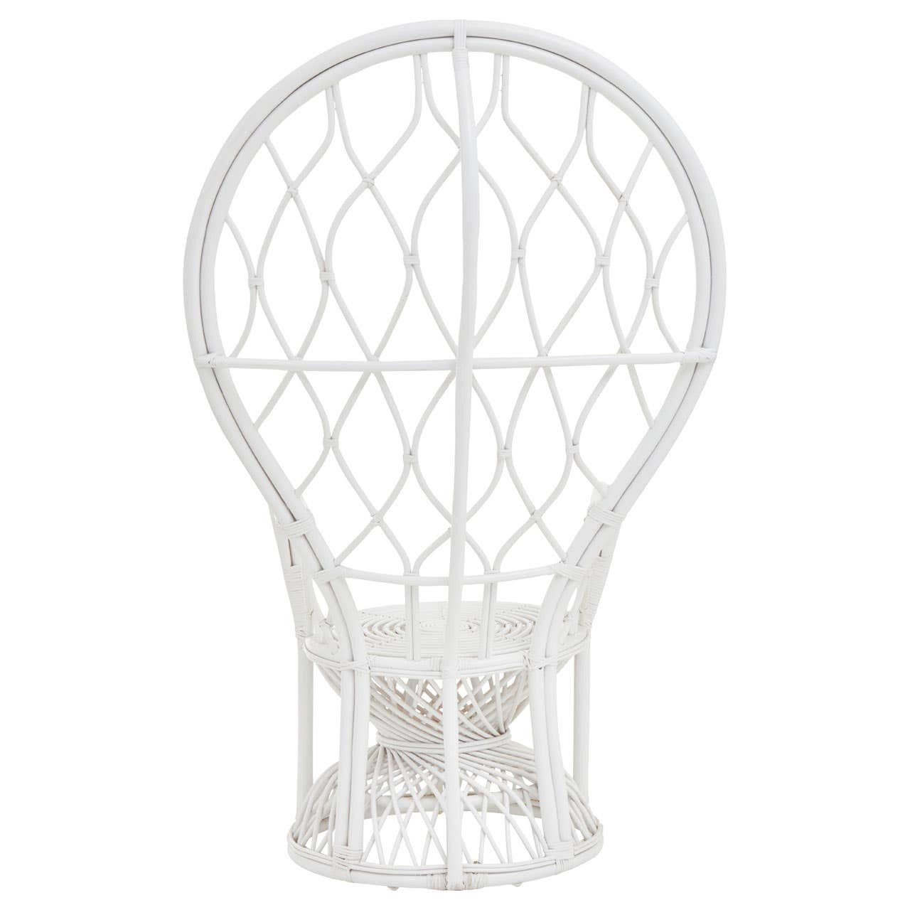 Curved chair made of natural rattan with a grey and white finish, featuring a unique balloon-like shape and intricate woven design, suitable for home decor