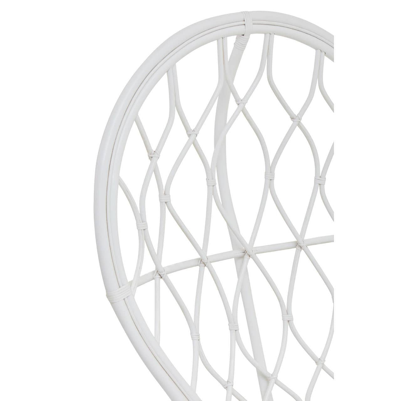 Curved chair featuring a natural rattan design in grey and white, showcasing a woven pattern that adds texture and elegance. The chair's structure emphasizes a modern aesthetic suitable for home decor