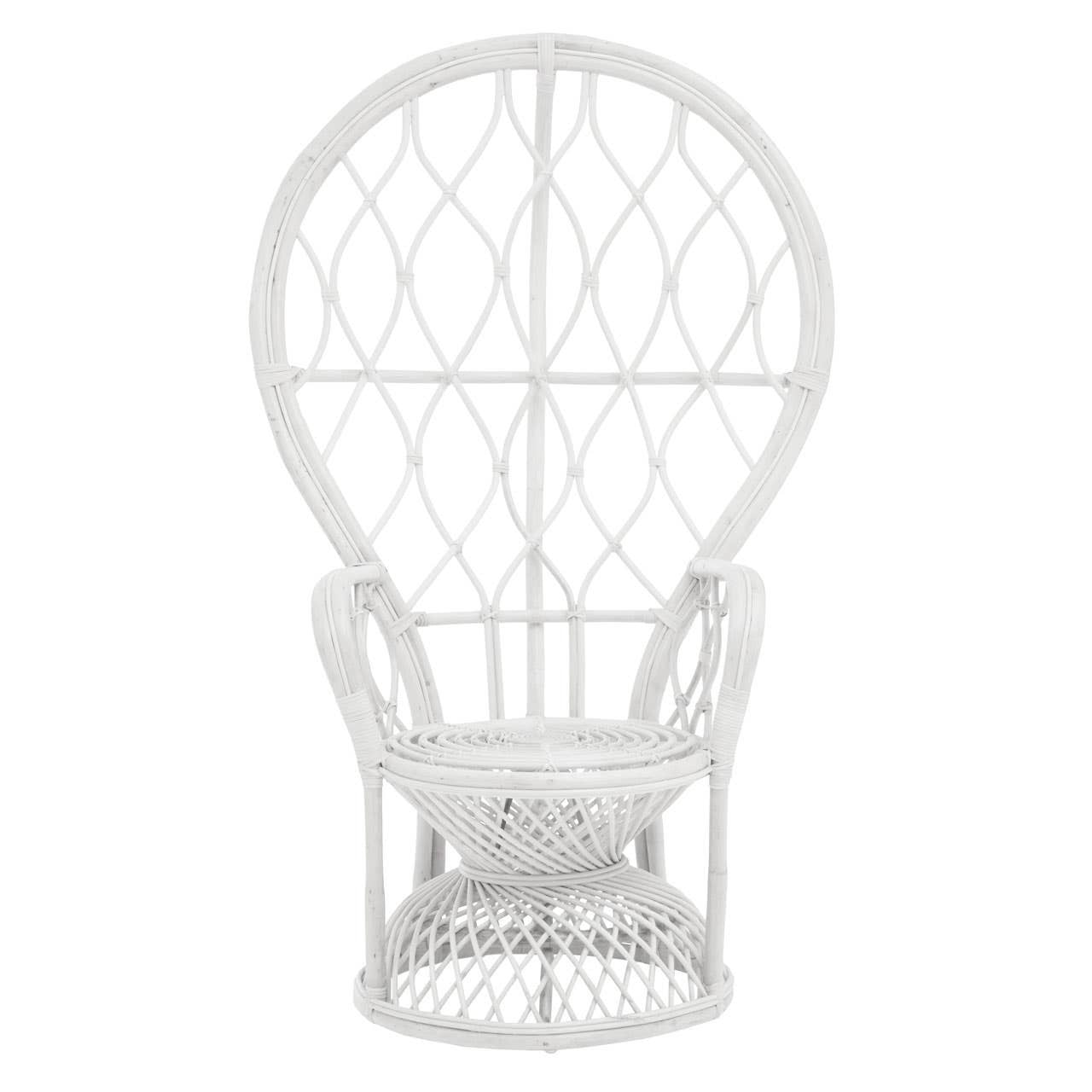 Curved chair made from natural rattan in a grey and white color scheme, featuring a distinctive balloon-like backrest design and a woven seat, suitable for indoor or outdoor use