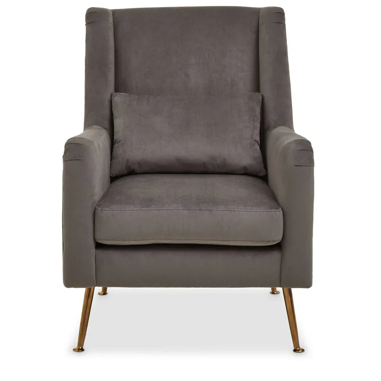 Grey velvet armchair with gold metal legs and matching lumbar cushion, front view