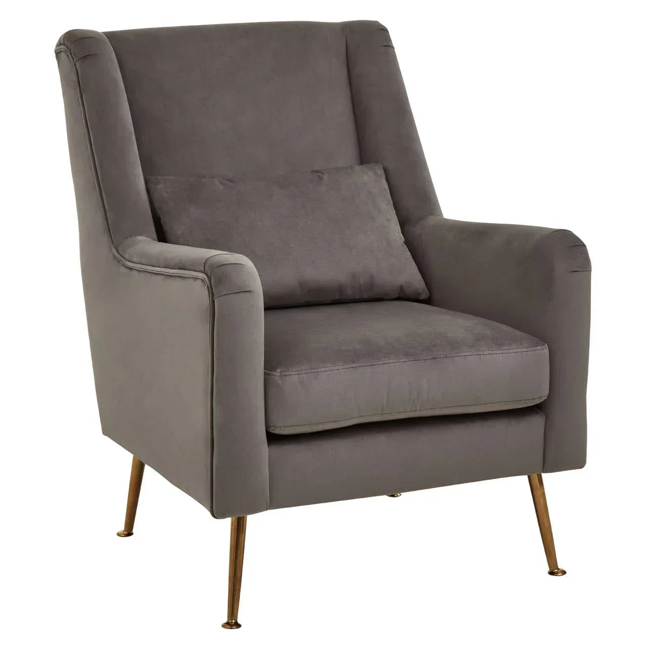 Grey velvet armchair with gold metal legs and matching cushion, front angled view
