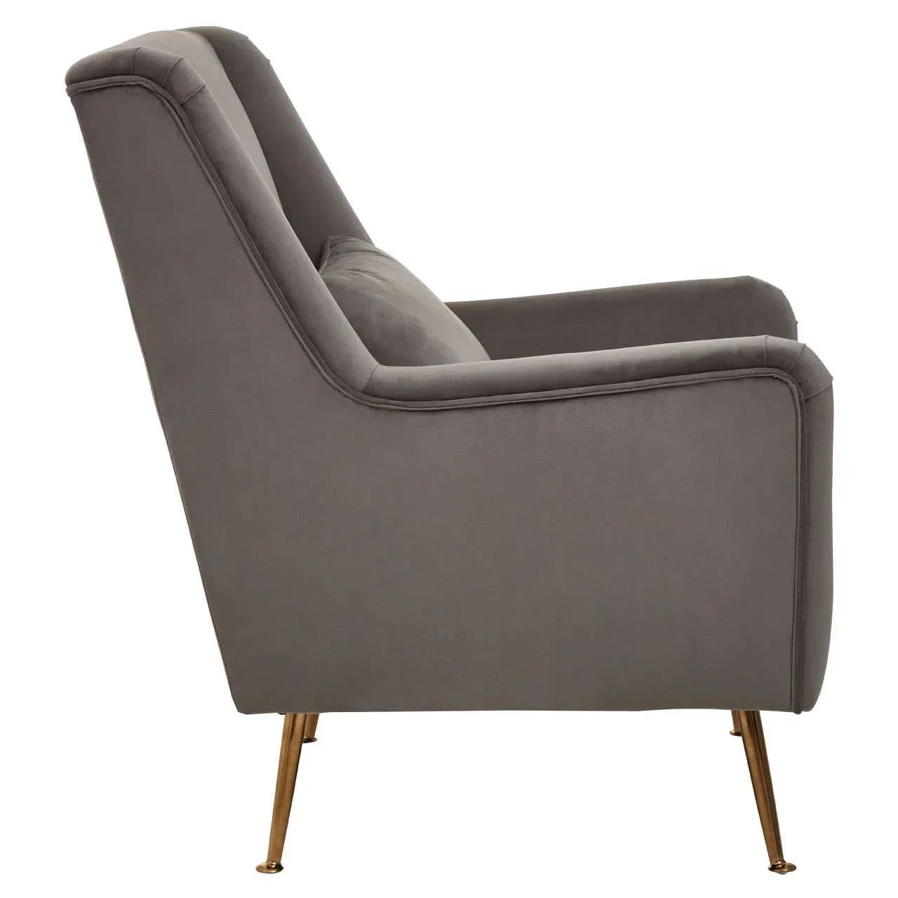 Side view of grey accent chair with gold metal legs and plush cushion