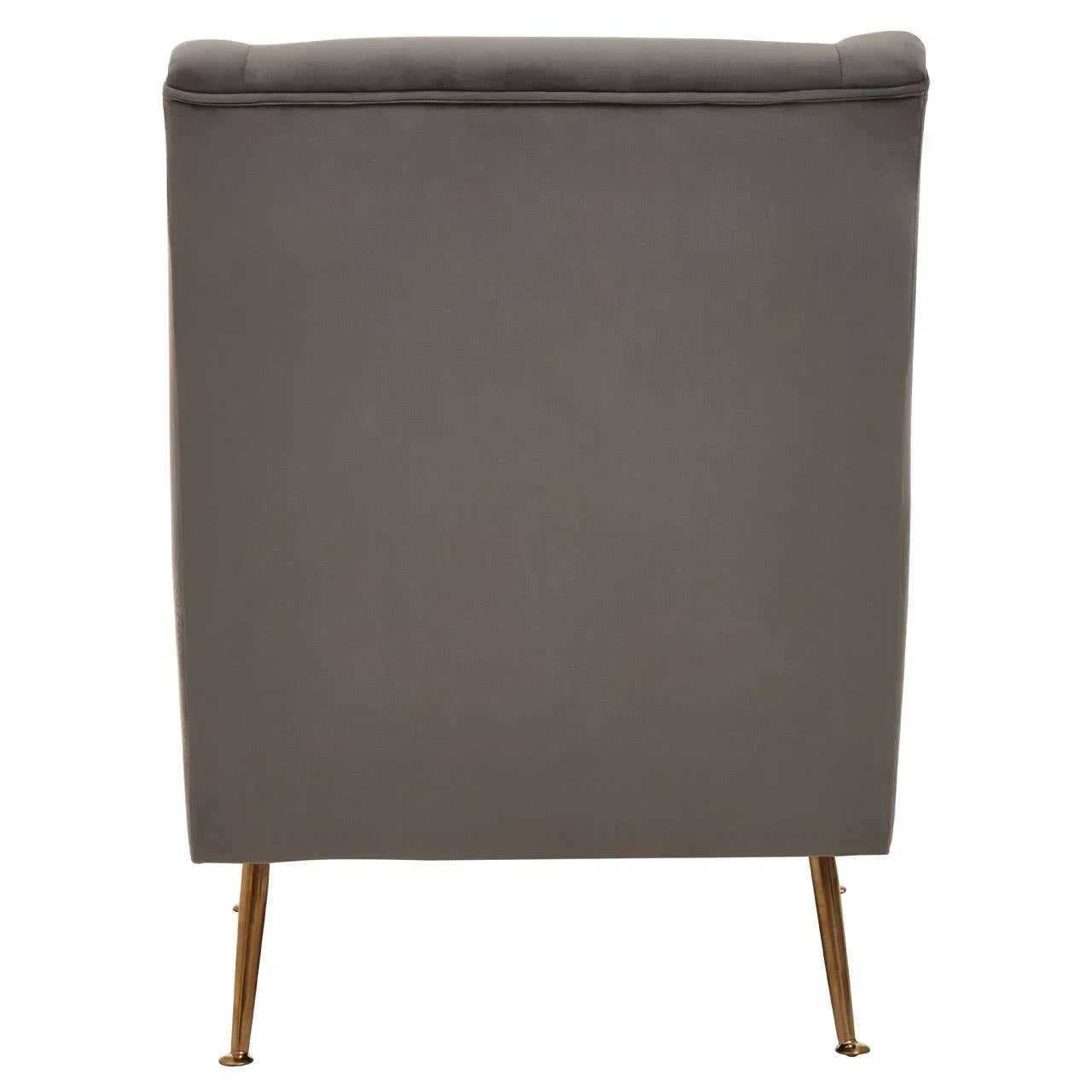 Back view of grey accent chair with gold metal legs