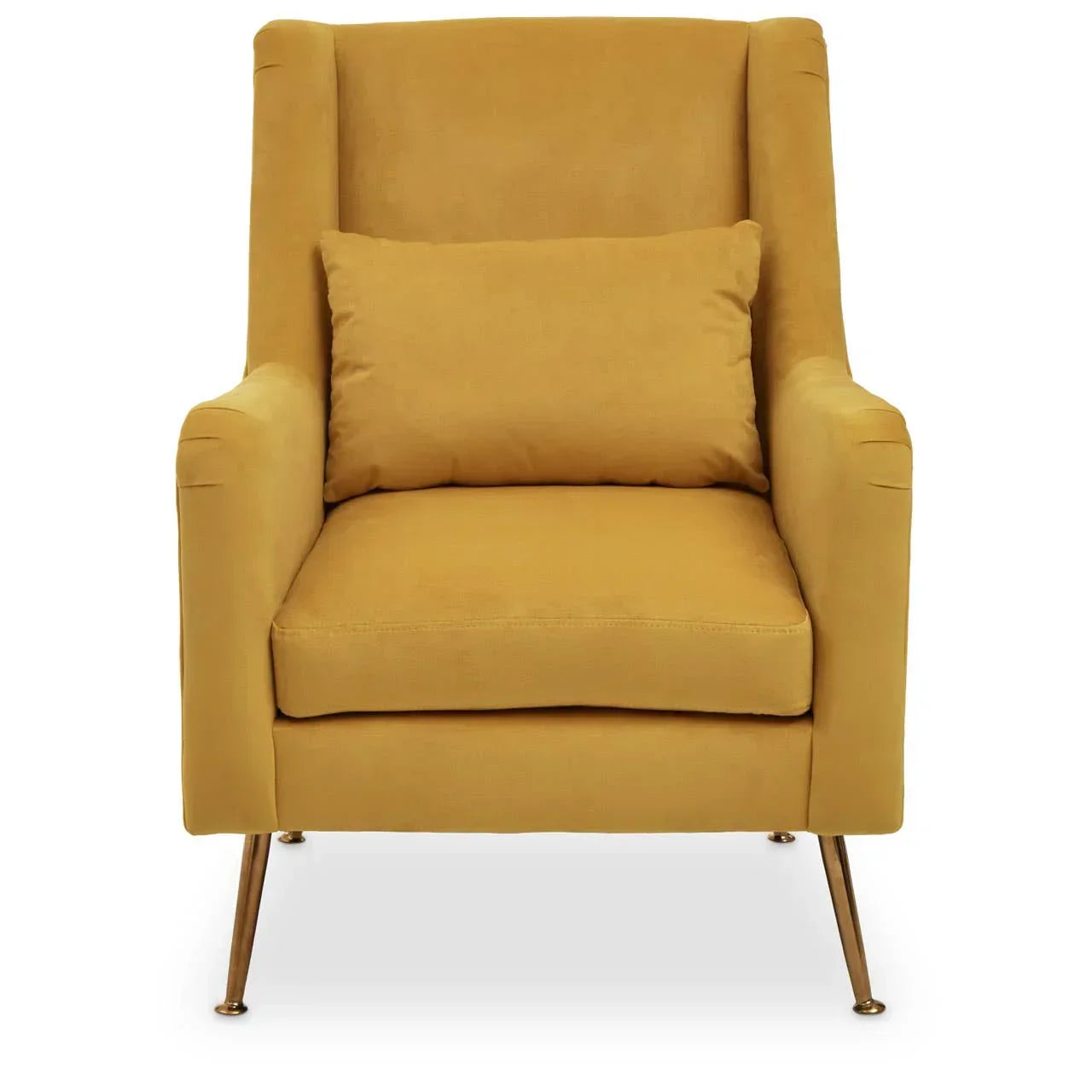 Mustard yellow accent armchair with cushion and slim gold metal legs, front view