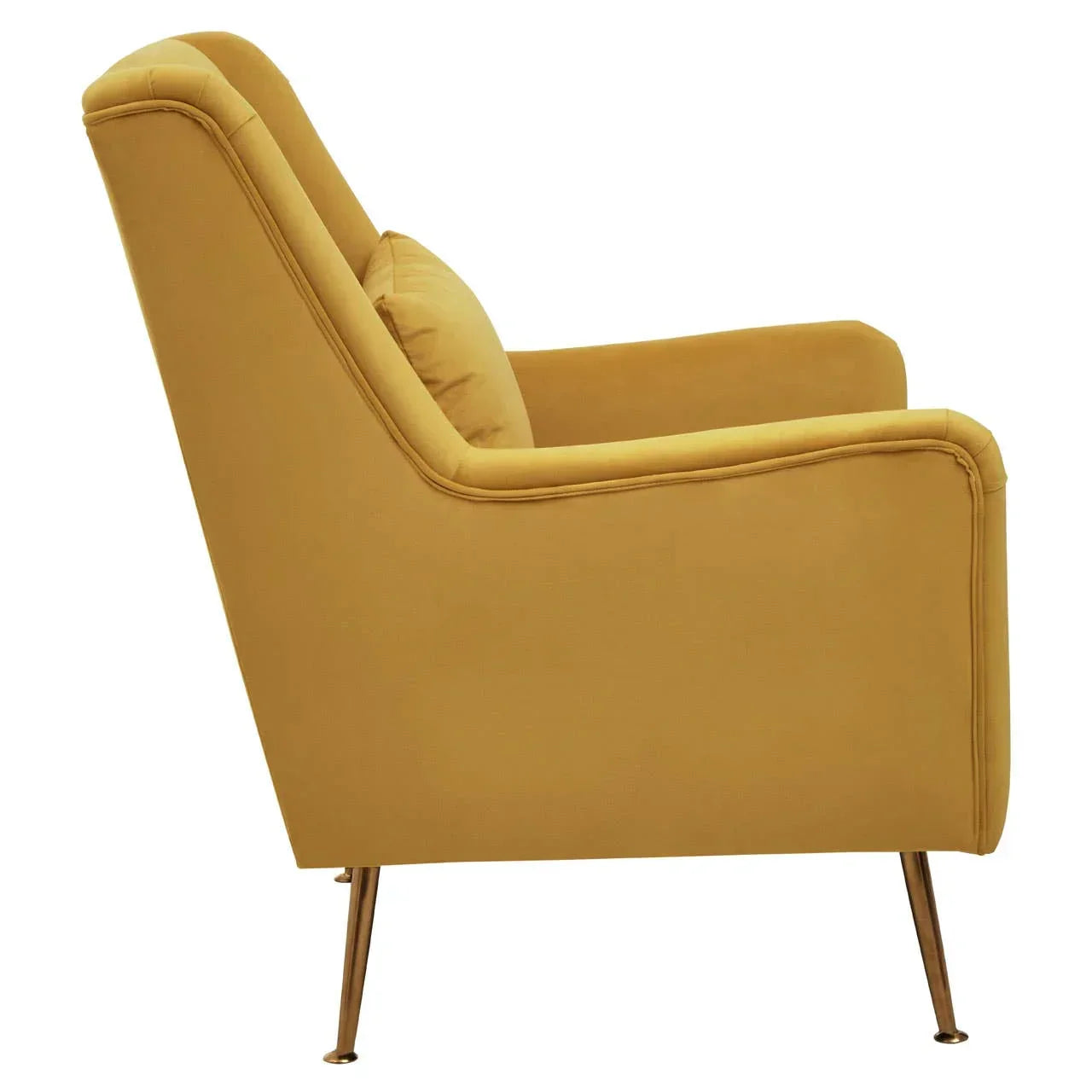 Mustard yellow accent chair with slim gold legs, side view
