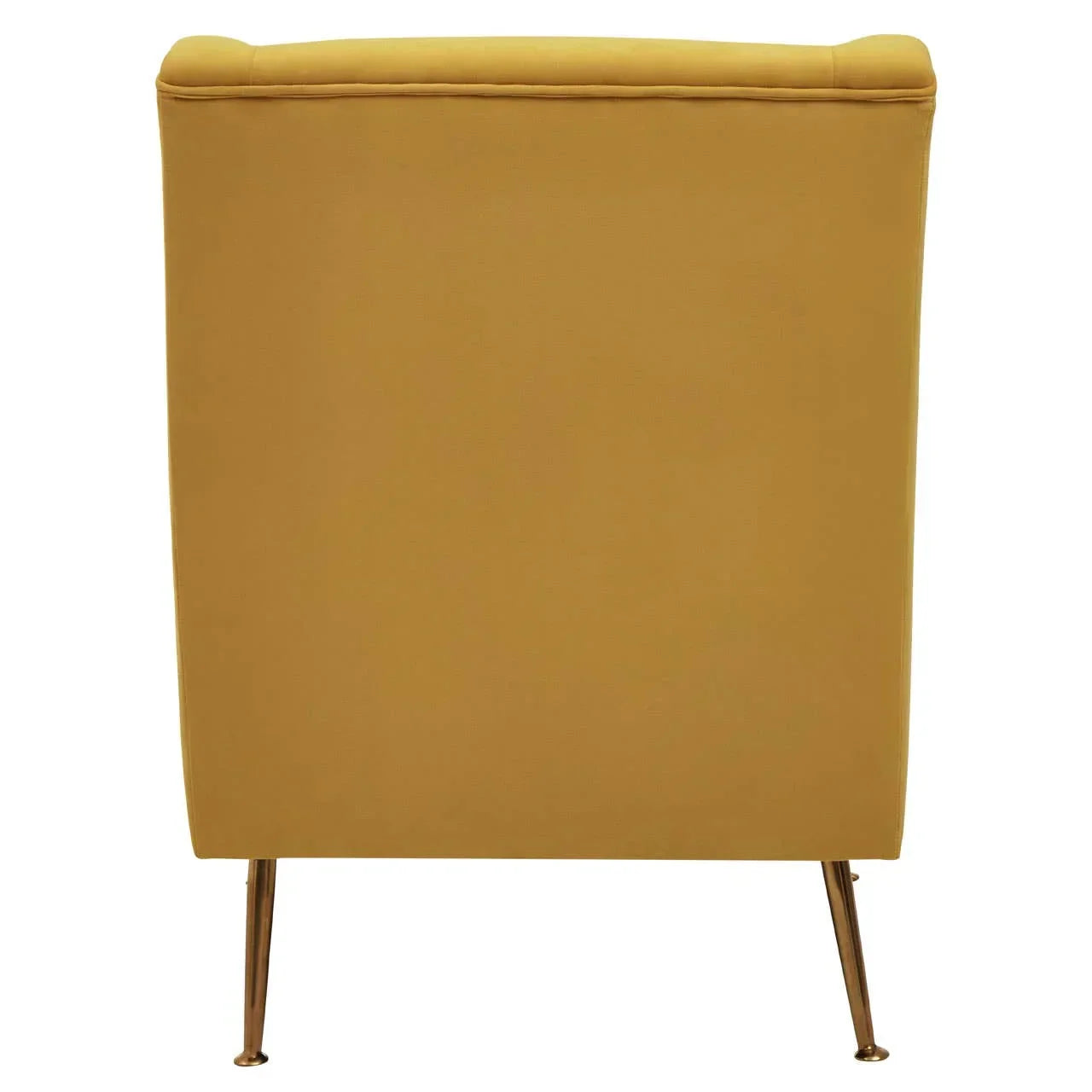 Back view of mustard yellow accent chair with metal legs