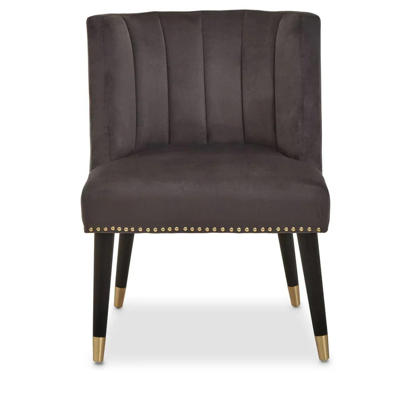 Charcoal velvet accent chair with studded trim and gold tipped black legs, front view