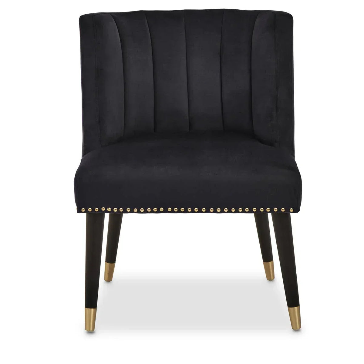 Black velvet accent chair with channel back, gold stud trim, and tapered legs with gold caps