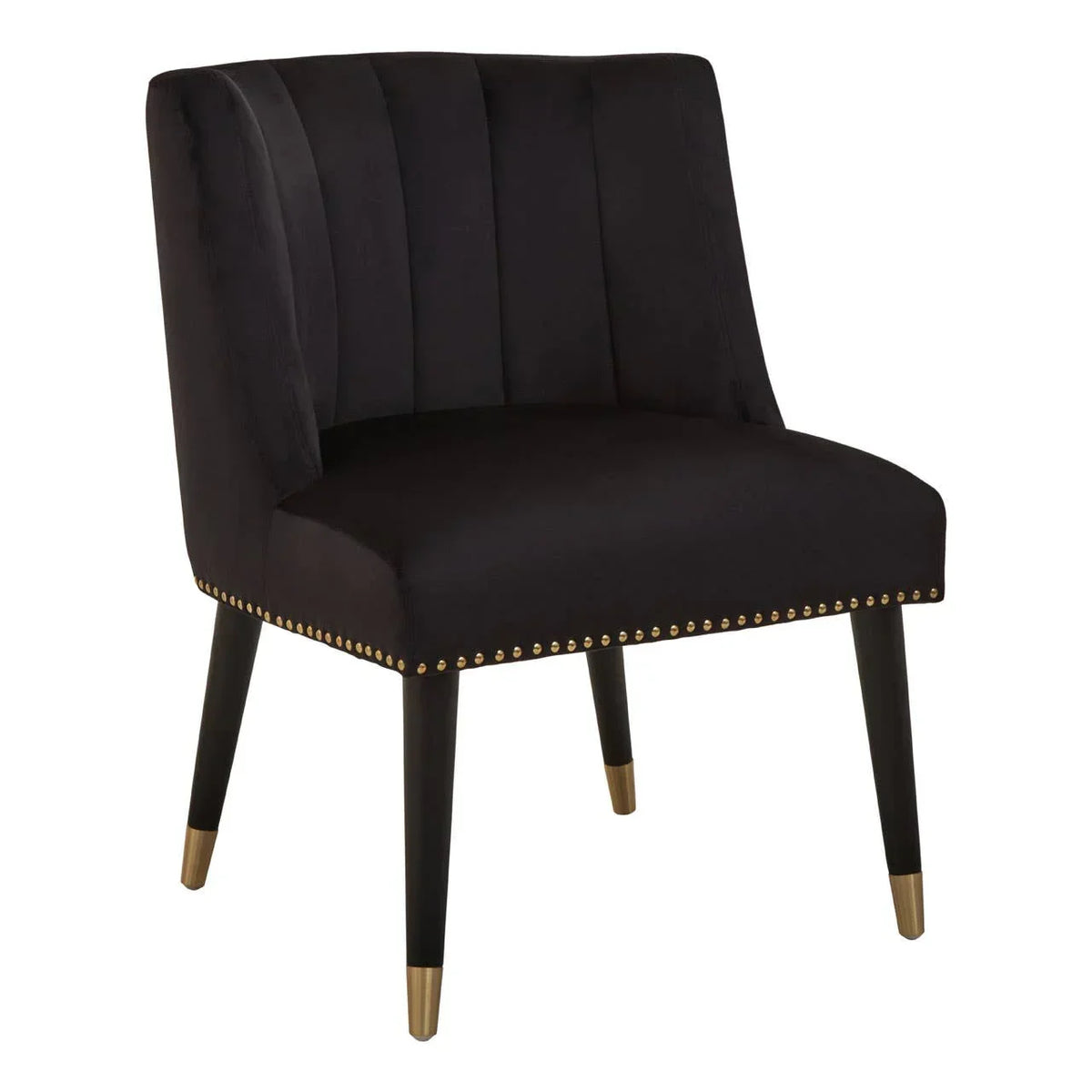 Black velvet accent chair with gold stud trim and gold-tipped legs, front view
