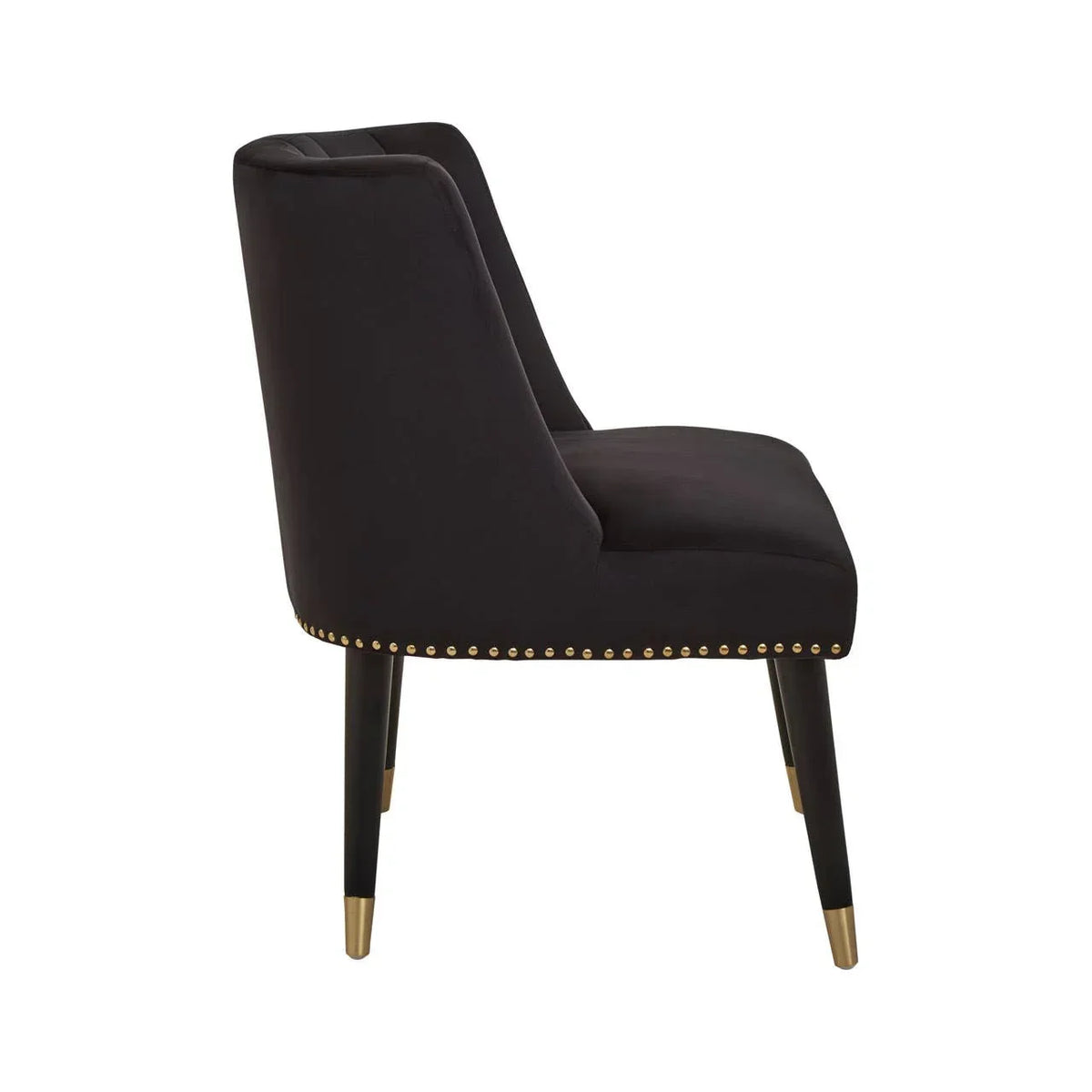 Black dining chair side view with gold stud detailing and metal-capped legs