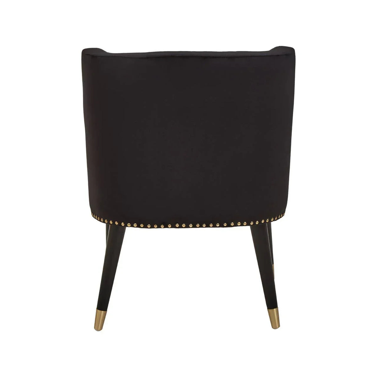 Black velvet accent chair rear view with gold stud trim and tapered legs
