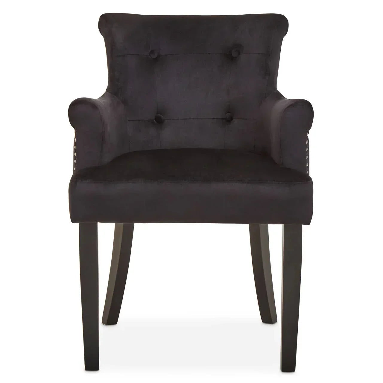 Black velvet armchair with button tufted backrest and dark wooden legs, front view