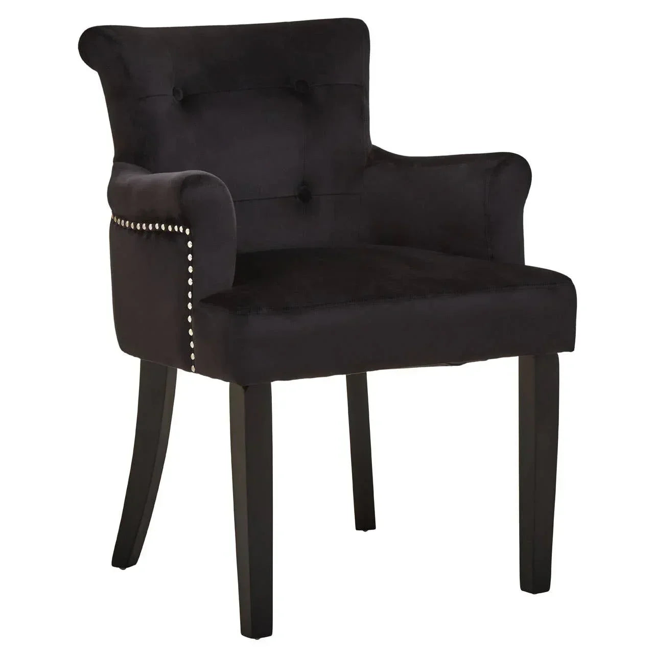 Black velvet dining chair with button back, studded trim, and wooden legs front view
