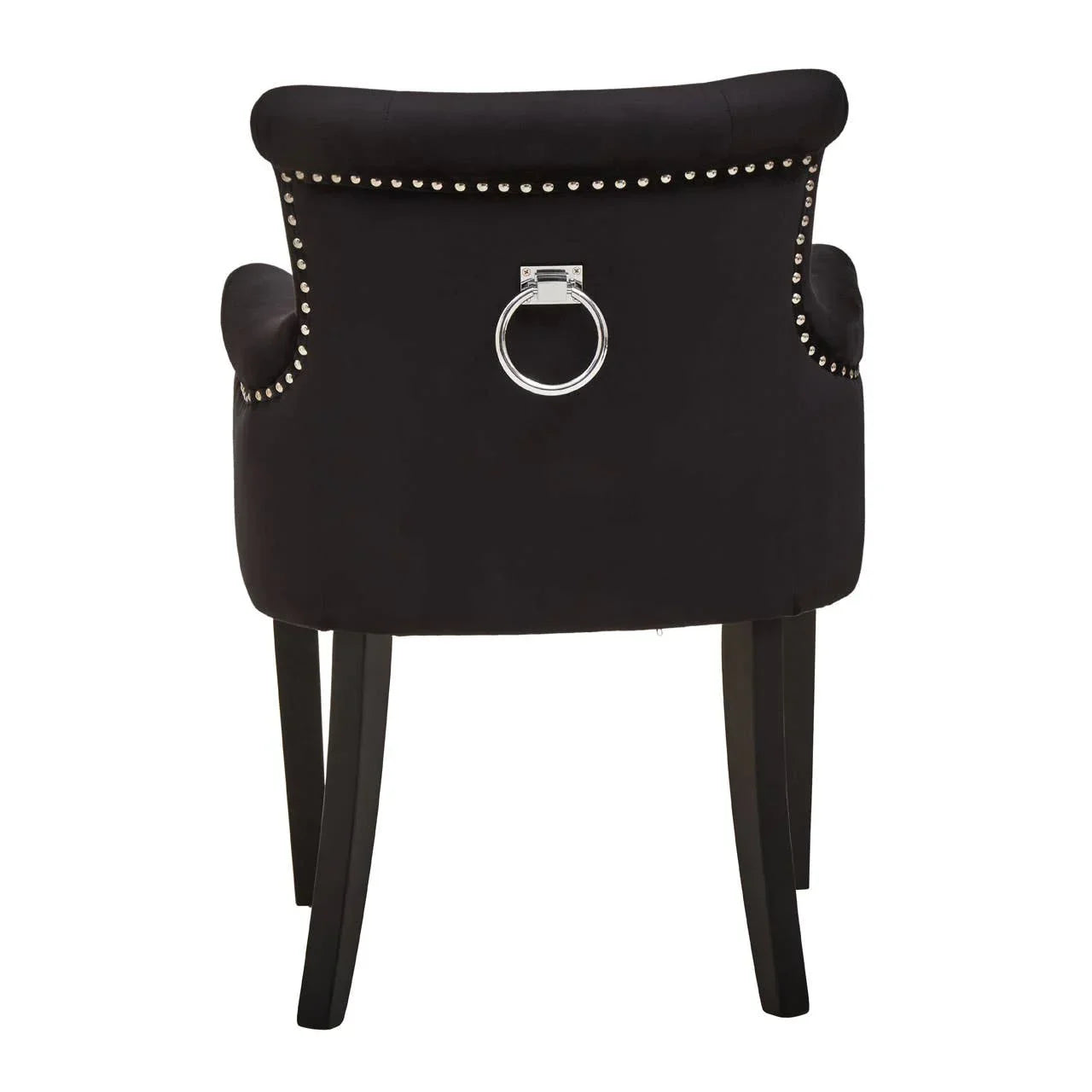 Black velvet dining chair with silver ring handle and nailhead trim, rear view