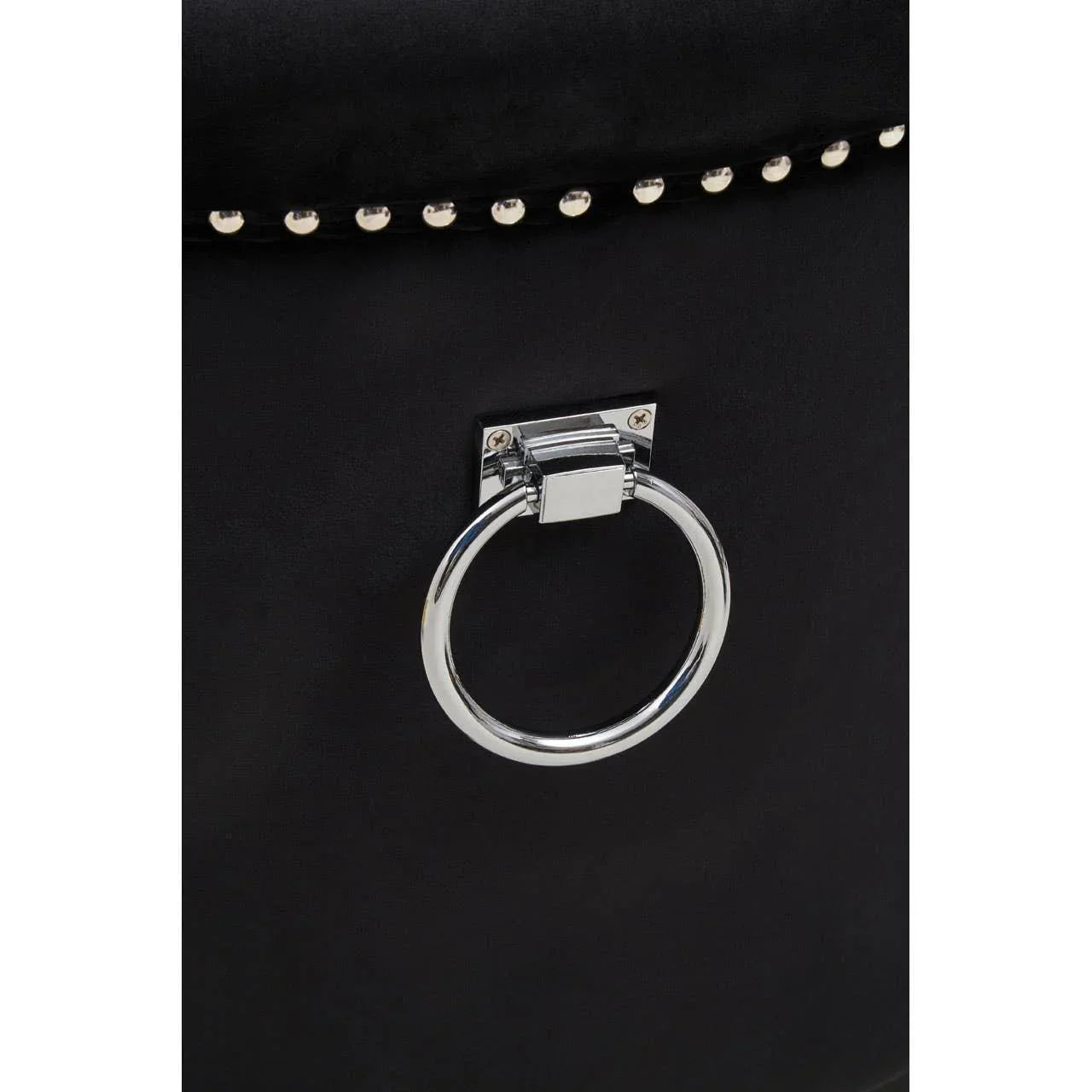 Black velvet ottoman with chrome knocker handle and silver stud trim detail