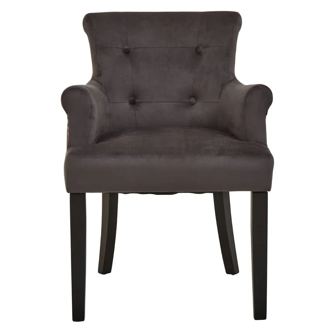 Dark grey velvet accent chair with button-tufted back and black wooden legs, front view