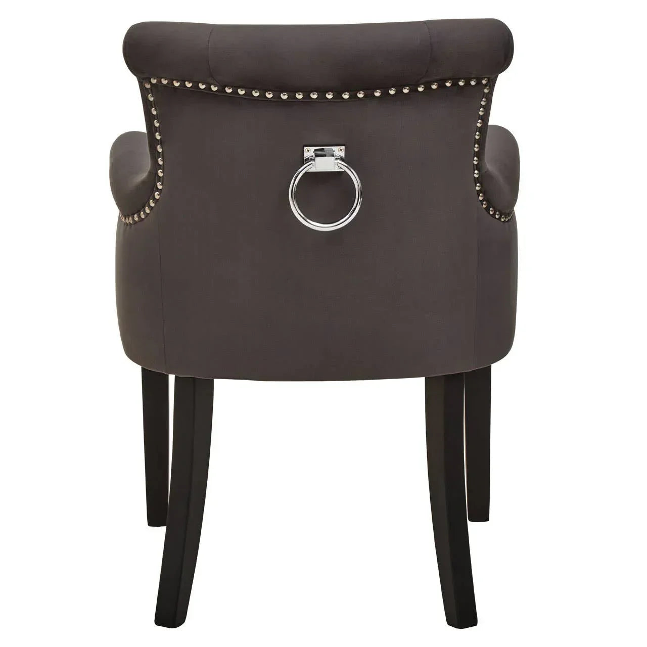 Back view of dark grey dining chair with chrome knocker and silver stud detailing