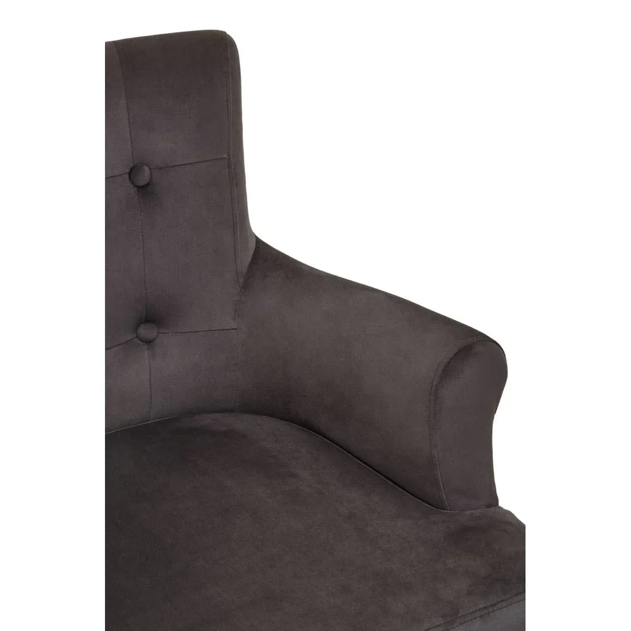 Charcoal fabric armchair with tufted backrest and curved arm detail