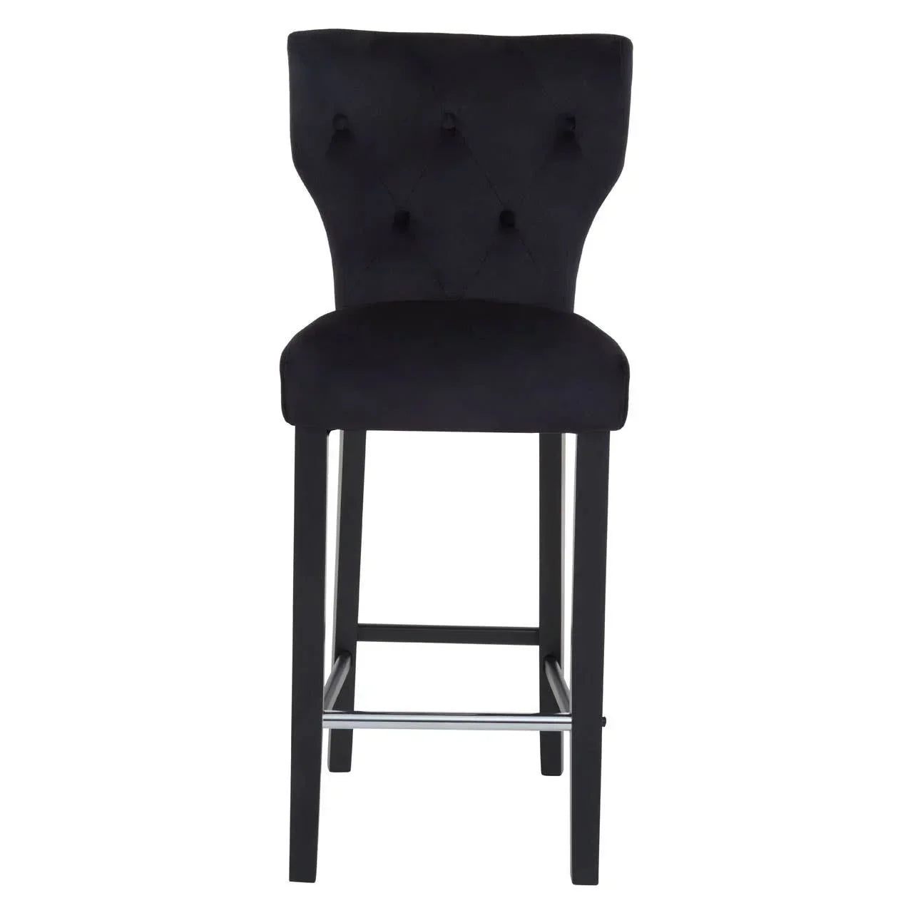 Black velvet bar stool with button-tufted backrest and straight wooden legs, front view