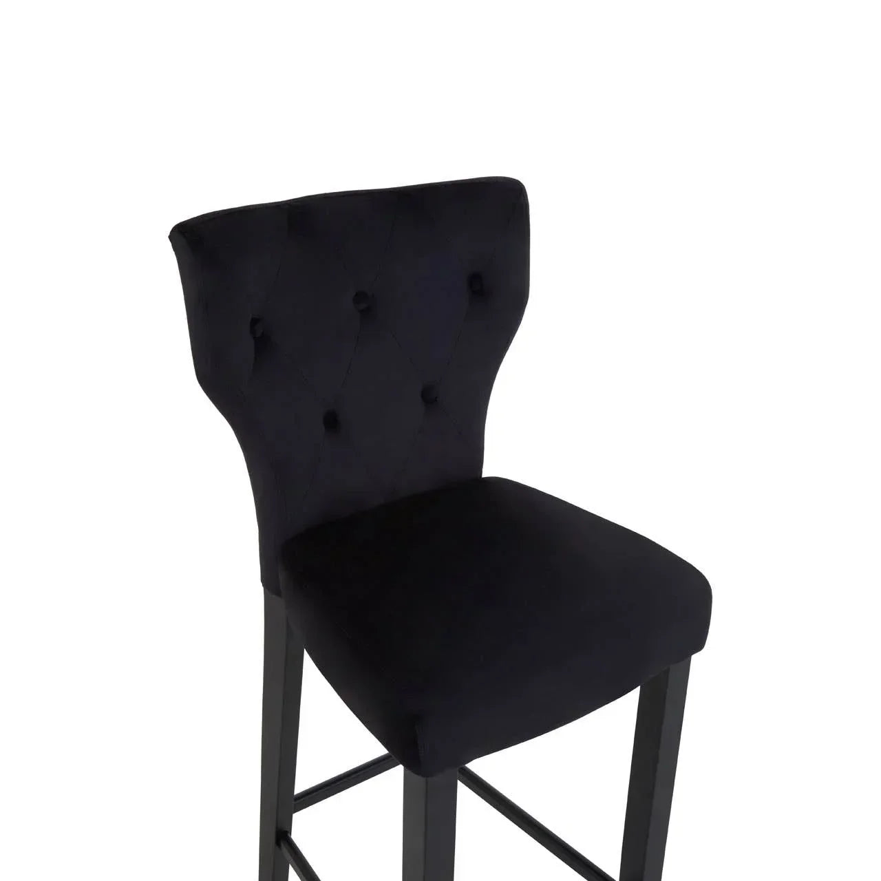 Black velvet bar stool with button-tufted backrest and solid wood legs, front view