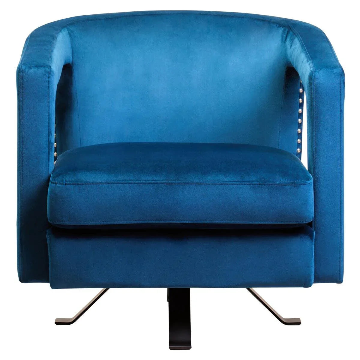 Blue velvet accent chair with metal swivel base and stud detailing, front view