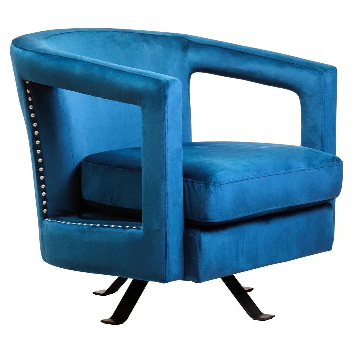 Blue velvet swivel accent chair with open arm design and metal legs