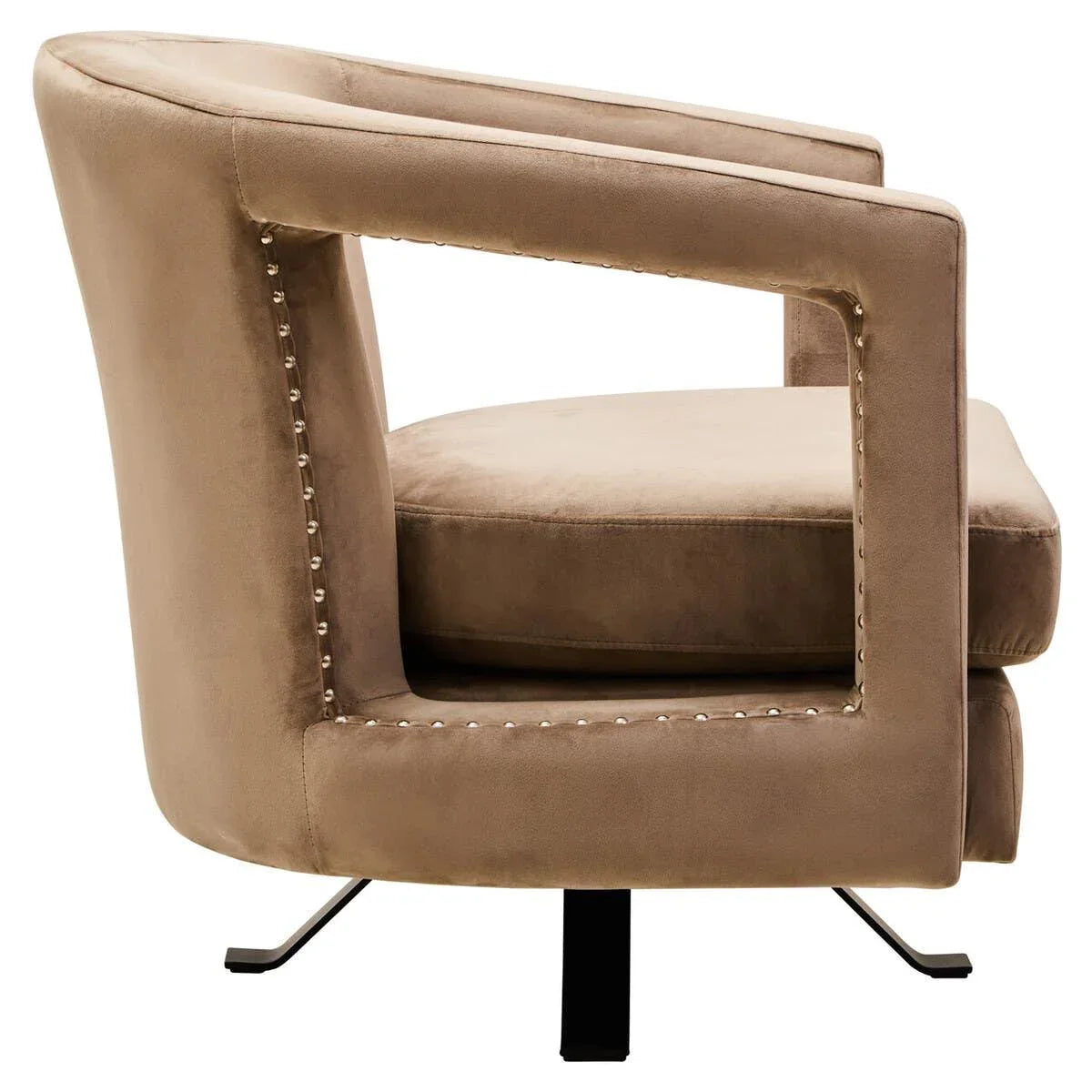 Taupe velvet accent swivel chair with metal base and nailhead trim, side profile view