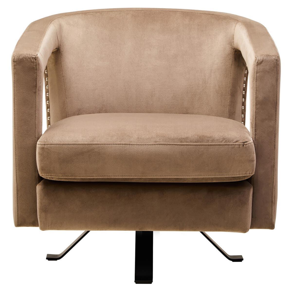 Taupe fabric swivel armchair with black metal base and curved backrest