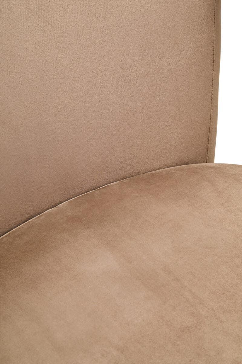 Close view of tan velvet dining chair seat and backrest upholstery