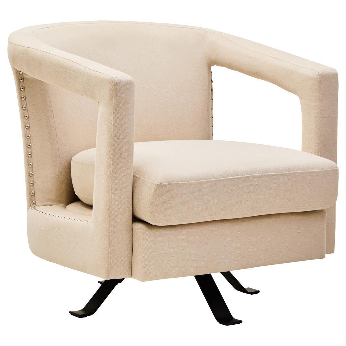 Beige upholstered swivel armchair with metal legs and studded trim, front angle view