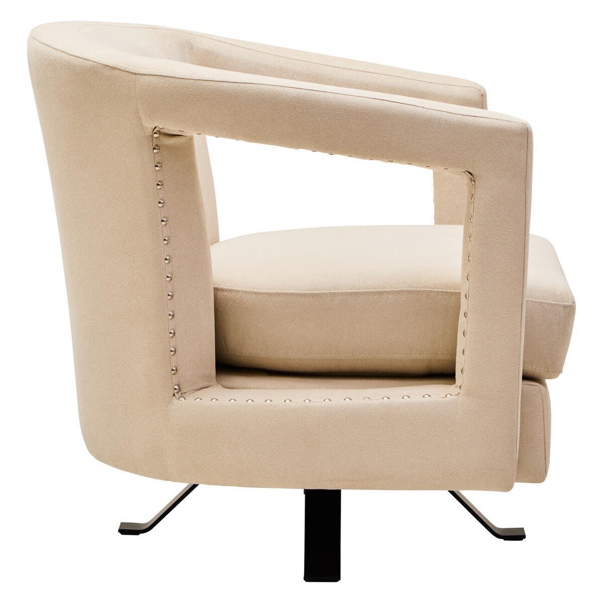 Beige swivel accent chair with open square arm design and stud detailing, side view