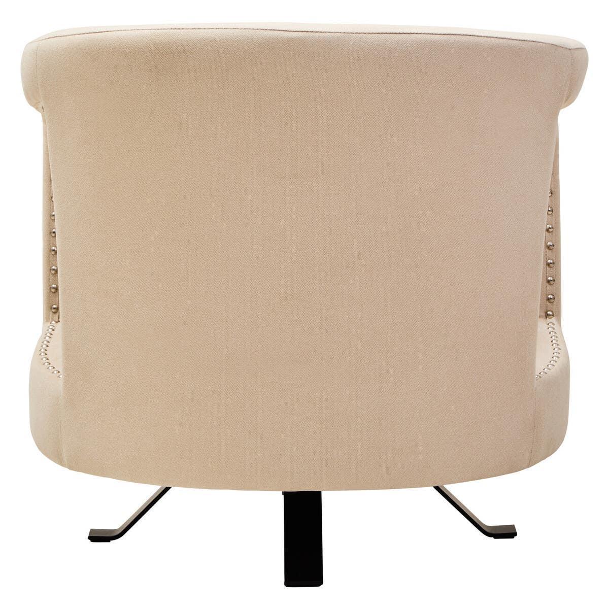 Beige accent chair with metal legs and stud detailing, rear view