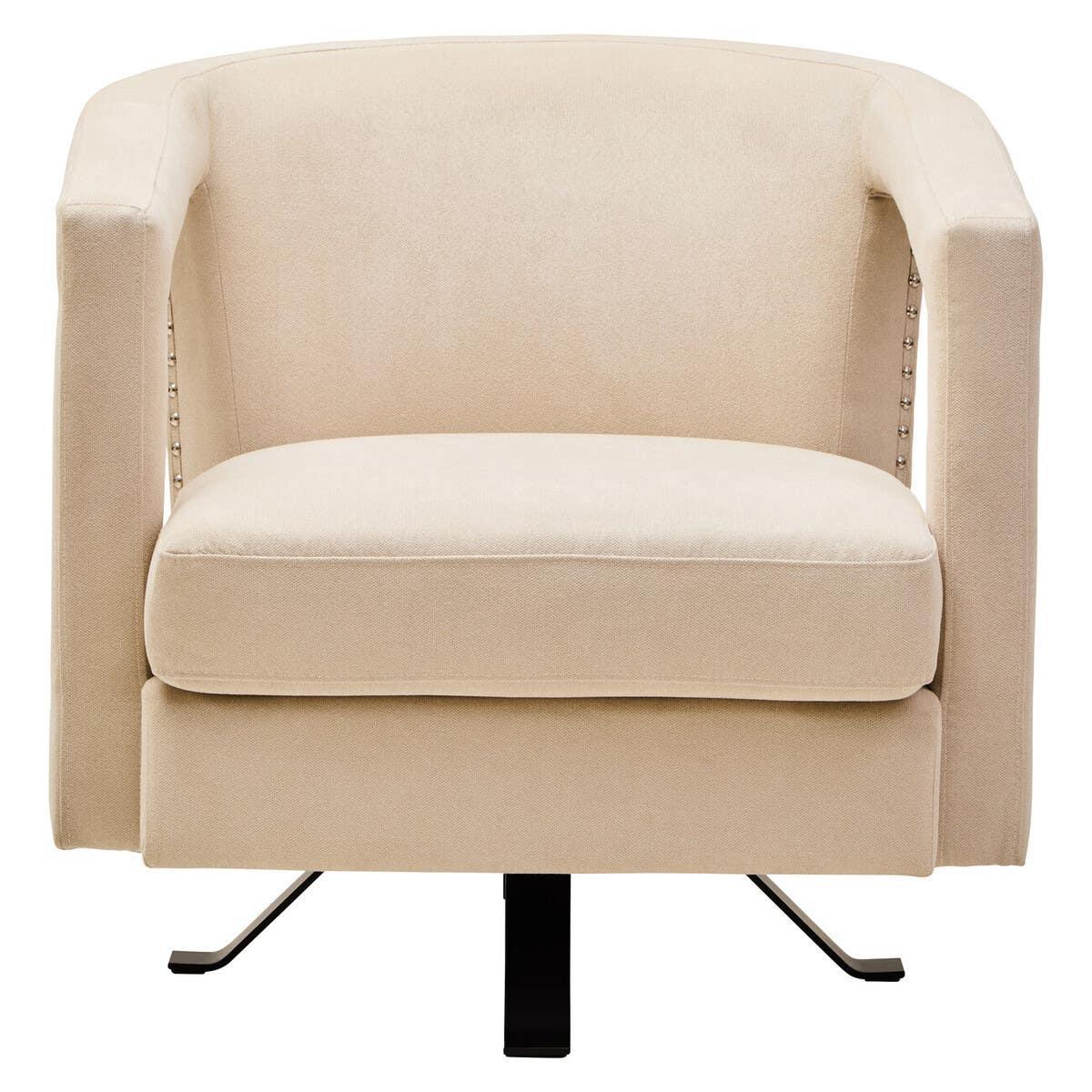 Beige fabric accent chair with metal legs and cushioned seat, front view