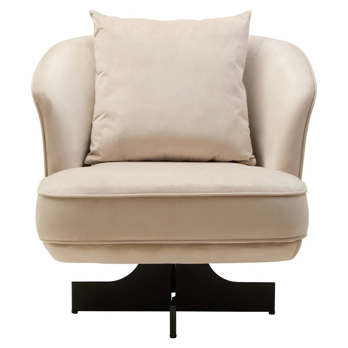 Beige velvet accent chair with curved back, plush cushion and black metal base, front view