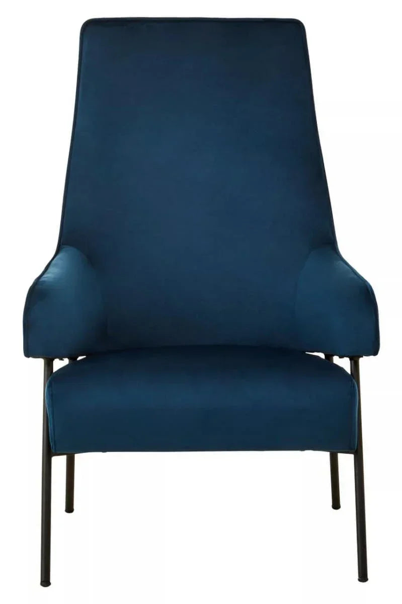 Navy blue accent armchair with high back and slim black legs, front view