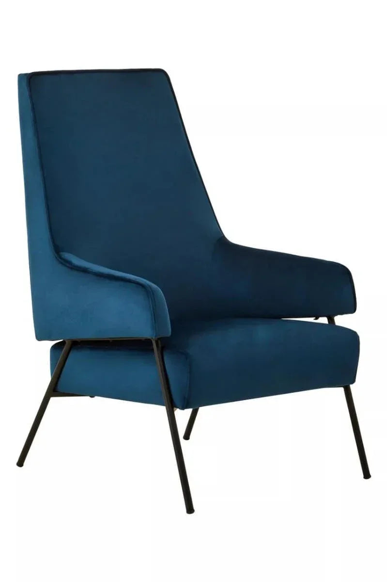 Blue velvet accent chair with black metal legs and high backrest
