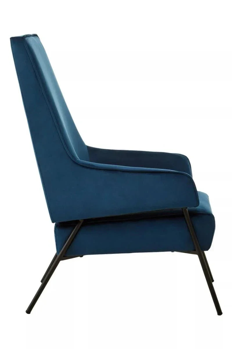Side angle of blue accent chair with metal legs and high backrest