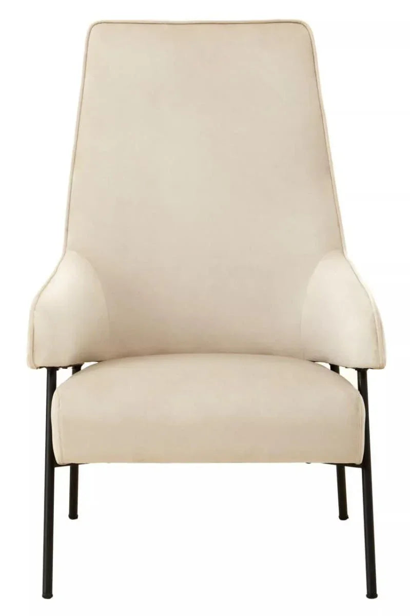 Beige accent chair with black metal legs and high backrest, front view