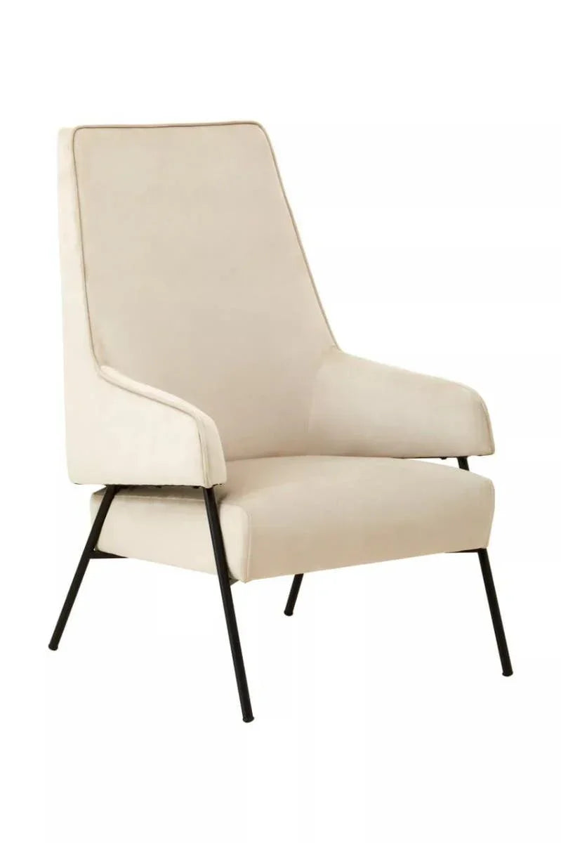Beige velvet accent chair with black metal legs and high backrest