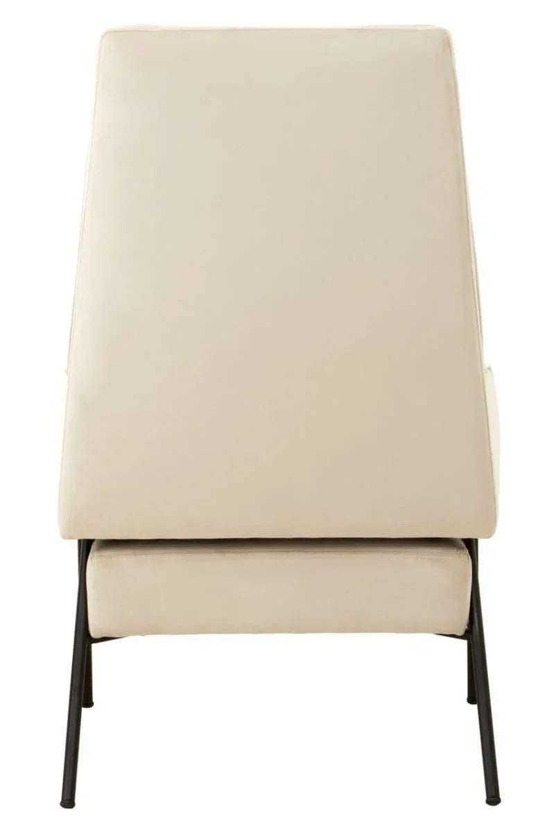 Beige accent chair with metal legs, rear view showing cushioned back and minimalist design