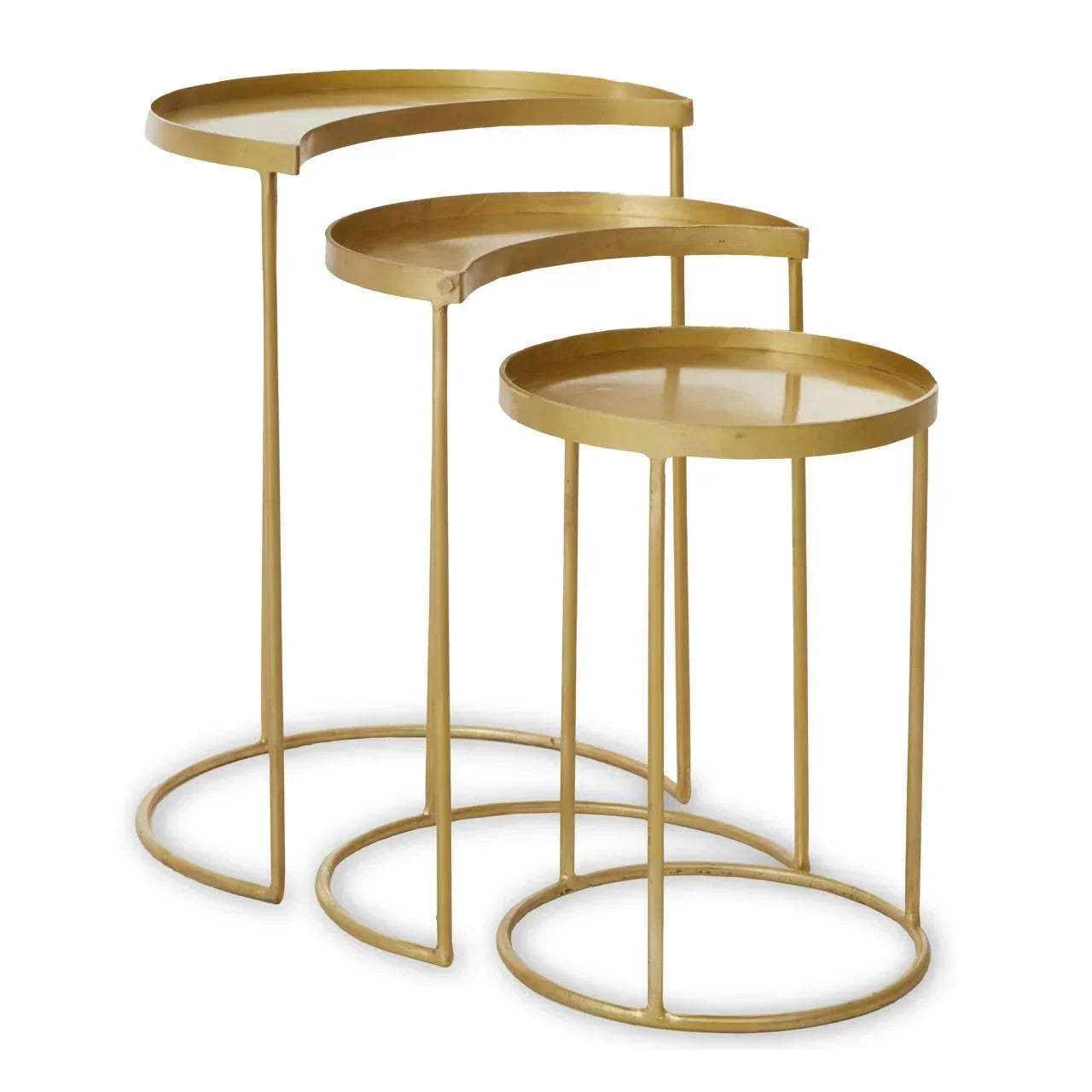 Set of three gold metal nesting side tables with round tops and open bases
