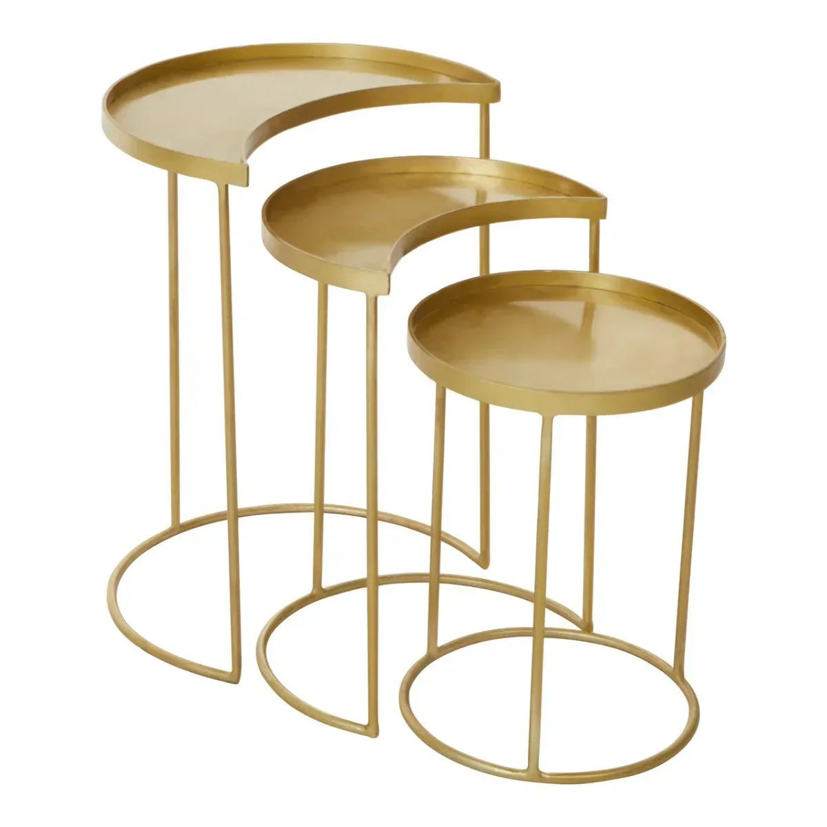 Set of three gold metal nesting side tables with round and crescent tops