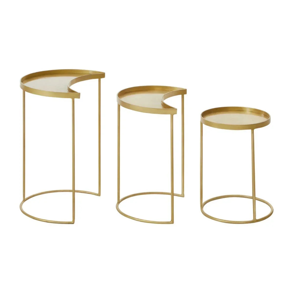 Set of three gold metal nesting side tables with circular and crescent tops