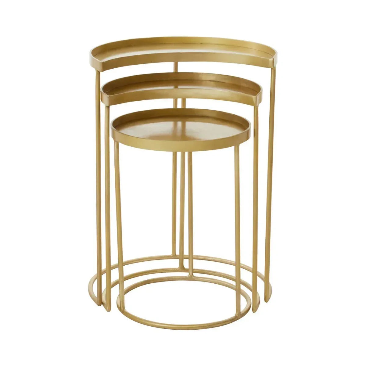 Gold metal nesting tables set with round tops and open frame legs